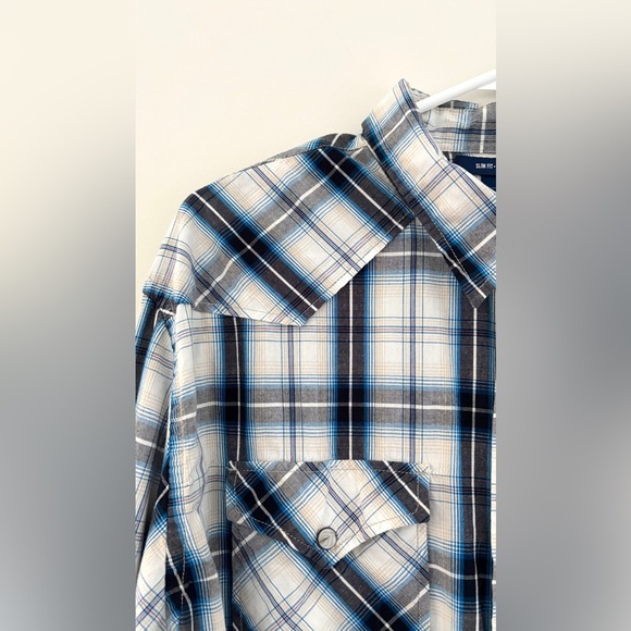 Old Navy Men's Size XL Button Down Long Sleeve Blue White Western Pearl Snaps - Picture 8 of 12